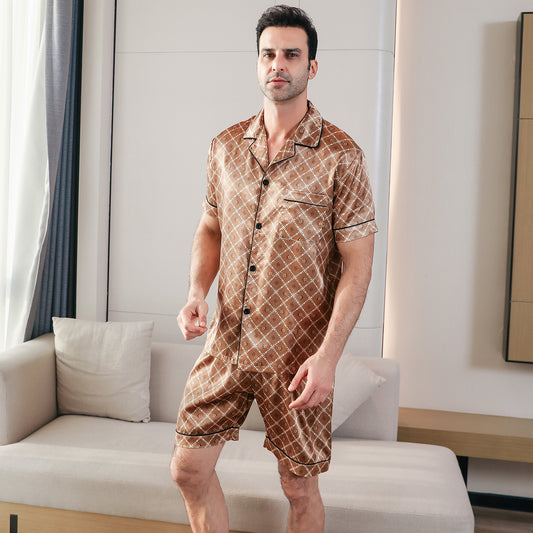 Men's  Silk Pajama Set Short Top & short Pants  Loungewear-KJ4046-M