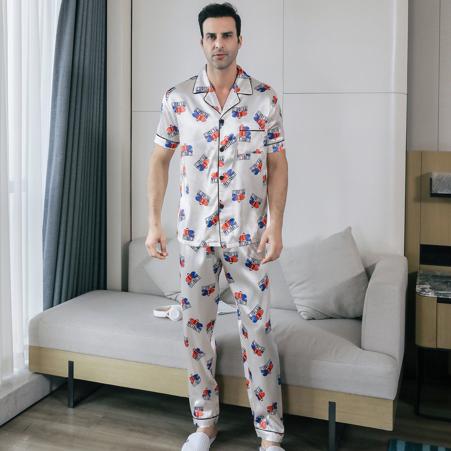 Men's Silky Satin Pajama Set Short Top Classic Sleepwear with Long Pants-KJ5019-M