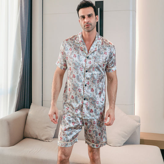 Men's  Silk Pajama Set Short Top & short Pants  Loungewear-KJ4052-M