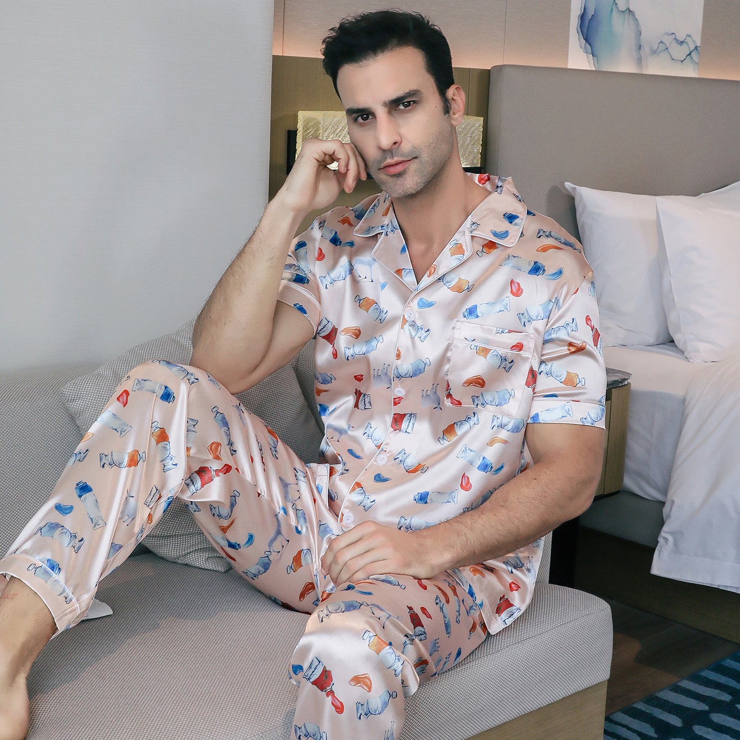 Men's Satin Pajama Set 3 Pieces Classic Sleepwear-KJ6013-M