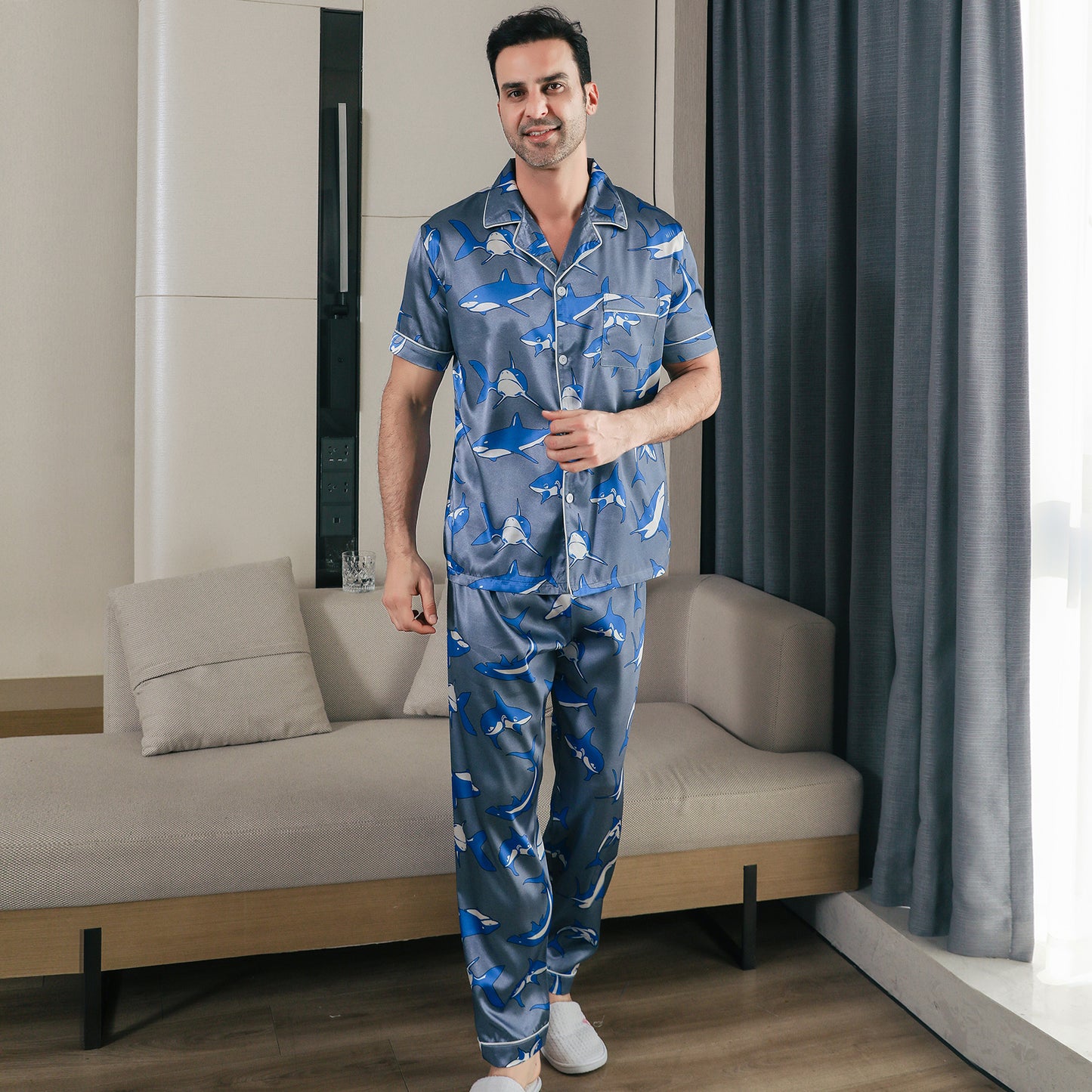 Men Satin Pajamas Set Short Sleeve & Long Pants Sleepwear with Pockets-KJ5041-M