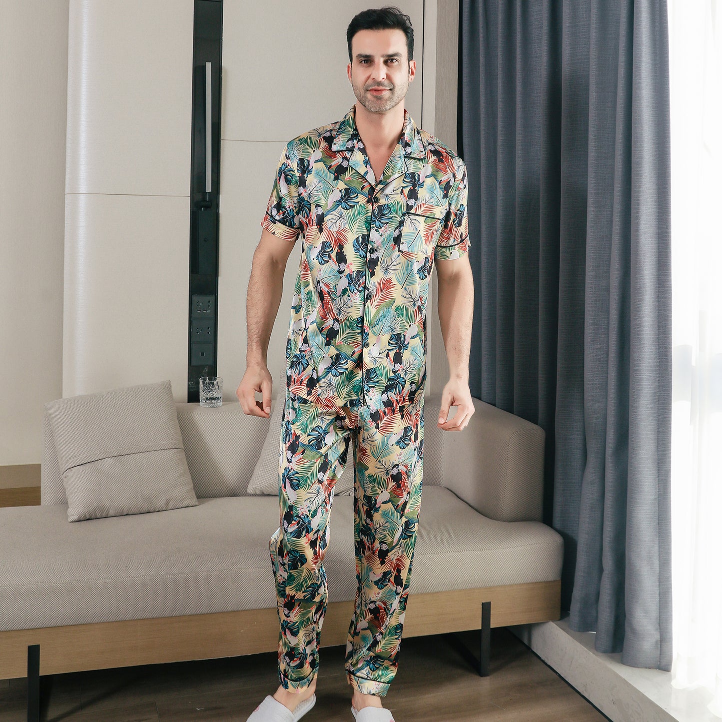 Men Satin Pajamas Set Short Sleeve & Long Pants Sleepwear with Pockets-KJ5040-M