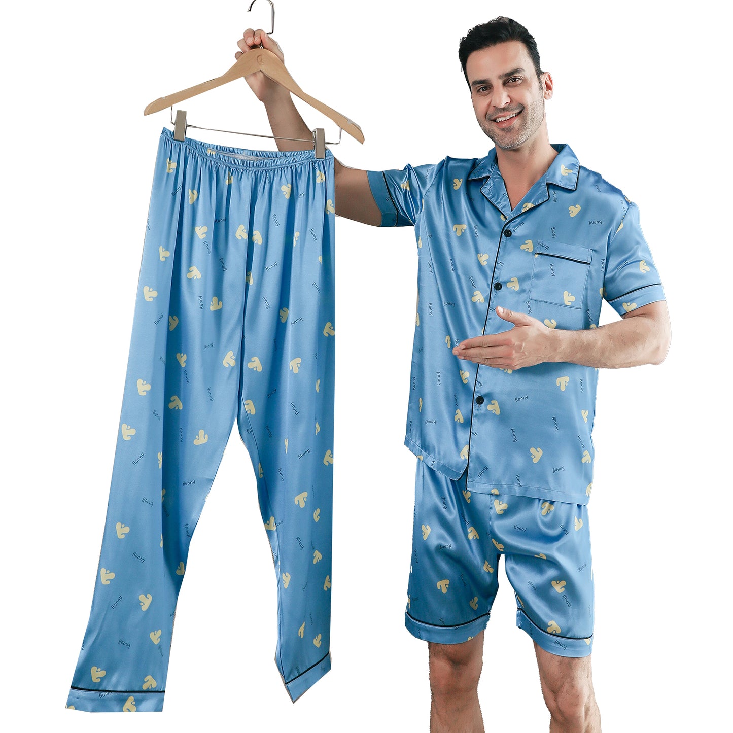 Men Satin Pajamas Set 3 Pieces multicolor Sleepwear with Pockets-KJ6033-M