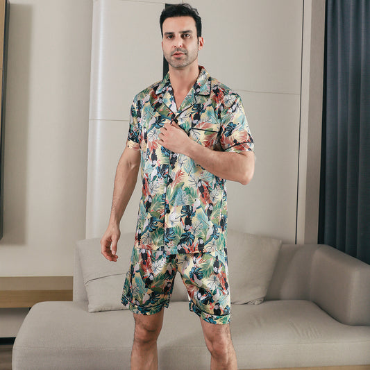 Men Satin Pajamas Set Short Sleeve & short Pants Sleepwear with Pockets-KJ4040-M