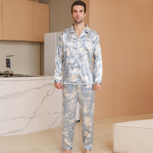 Men Satin Pajamas Set Long Sleeve & Long Pants Sleepwear with Pockets-KJ2039-M