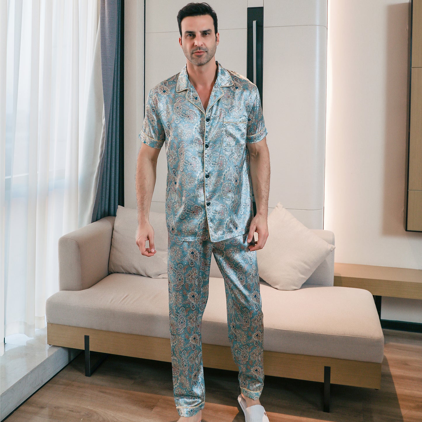 Men's Classic Silk Pajama Set Short Top & Long Pants Button Loungewear-KJ5054-M