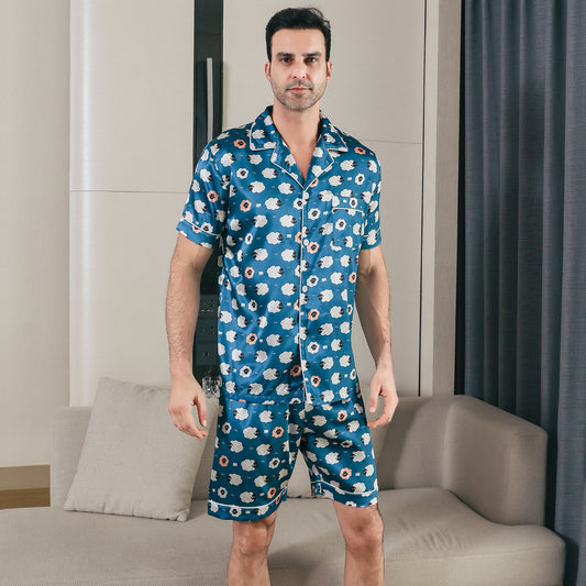 Men Satin Pajamas Set Short Sleeve & short Pants Sleepwear with Pockets-KJ4043-M