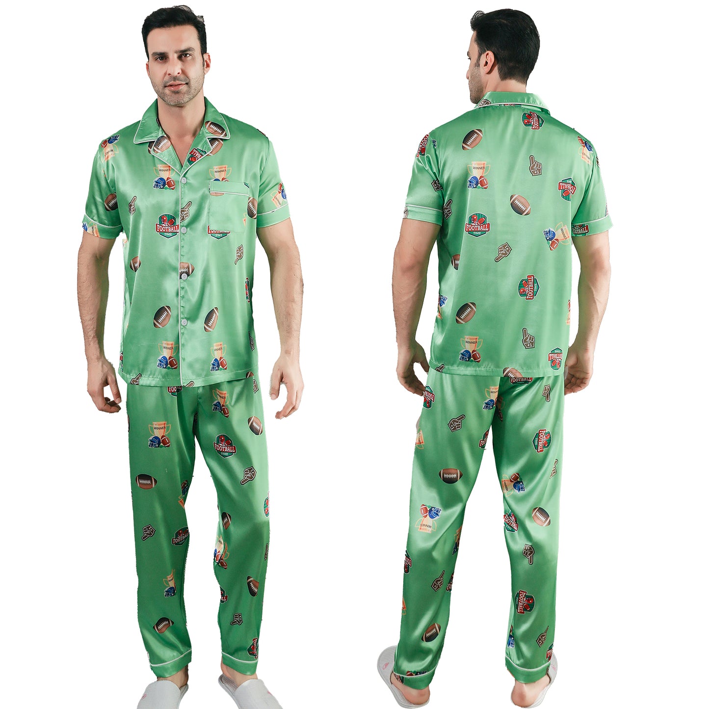 Men Satin Pajamas Set Short Sleeve & Long Pants Sleepwear with Pockets-KJ5042-M