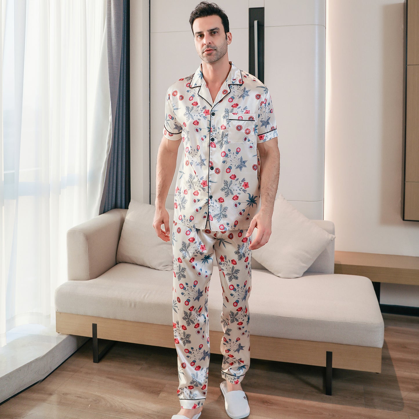 Men's Classic Silk Pajama Set Short Top & Long Pants Button Loungewear-KJ5051-M