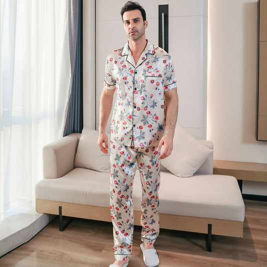 Men's Classic Silk Pajama Set Short Top & Long Pants Button Loungewear-KJ5051-M