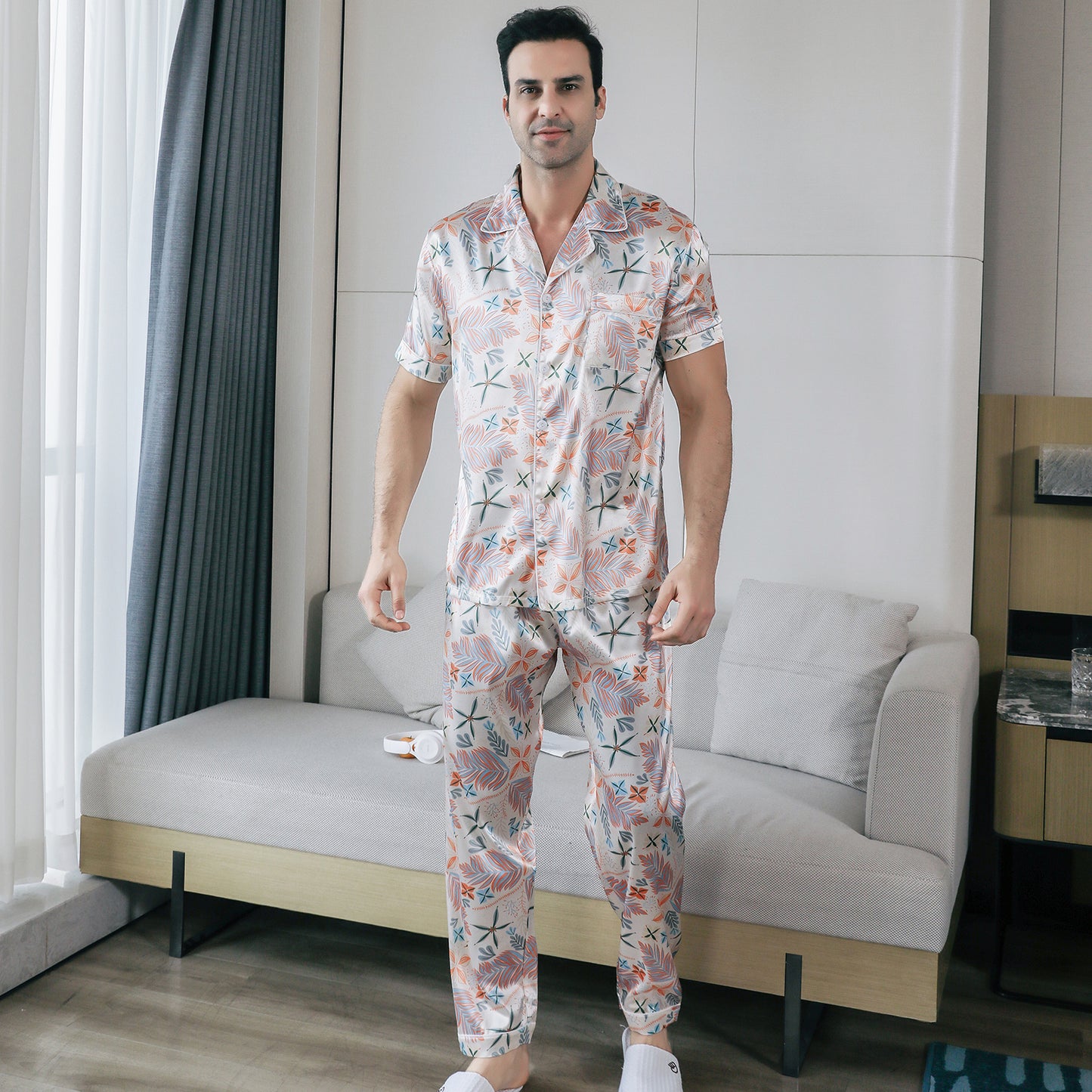 Mens Pajama Set Short Sleeve Sleepwear Silky Loungewear with Long Pants-KJ5022-M