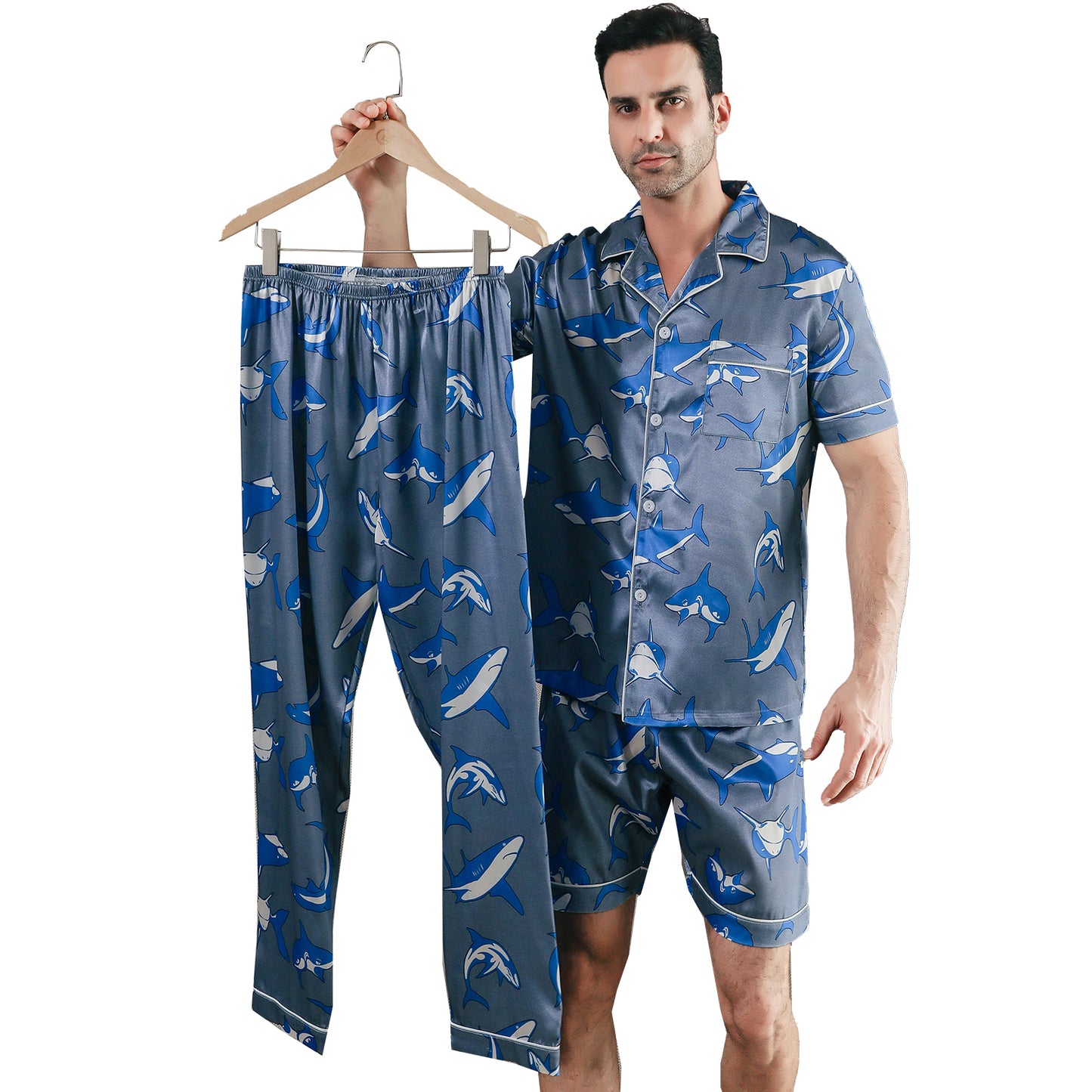 Men Satin Pajamas Set 3 Pieces multicolor Sleepwear with Pockets-KJ6041-M