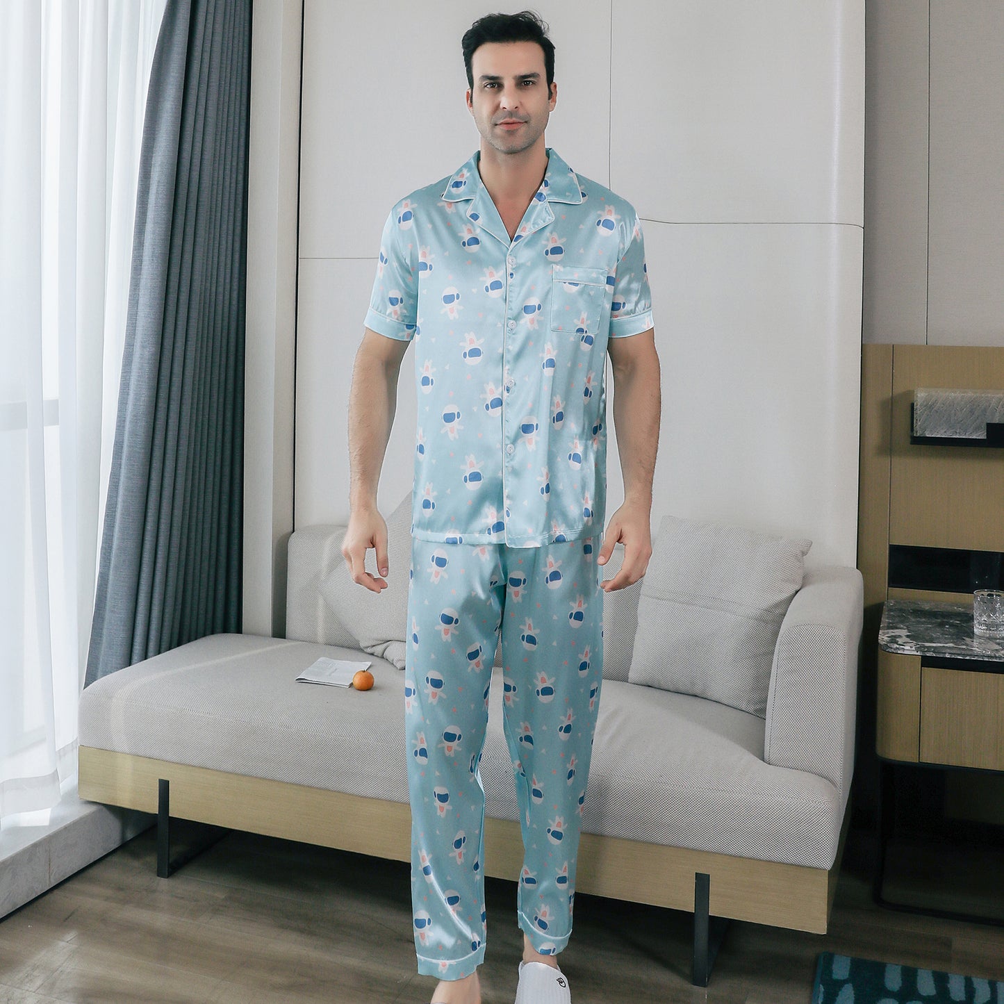 Mens Pajama Set Short Sleeve Sleepwear Silky Loungewear with Long Pants-KJ5026-M