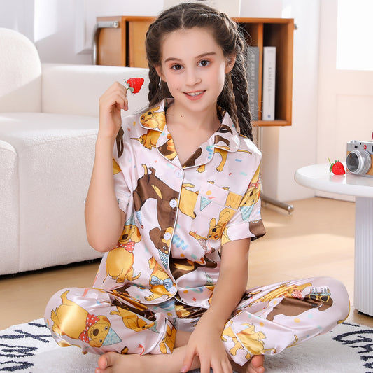 Girl's  Satin Pajama Set Short Top Classic Sleepwear with long pants-KJ509T-130