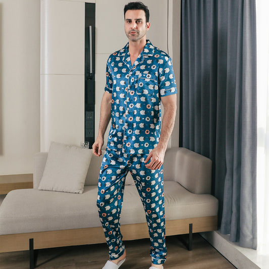 Men Satin Pajamas Set Short Sleeve & Long Pants Sleepwear with Pockets-KJ5043-M