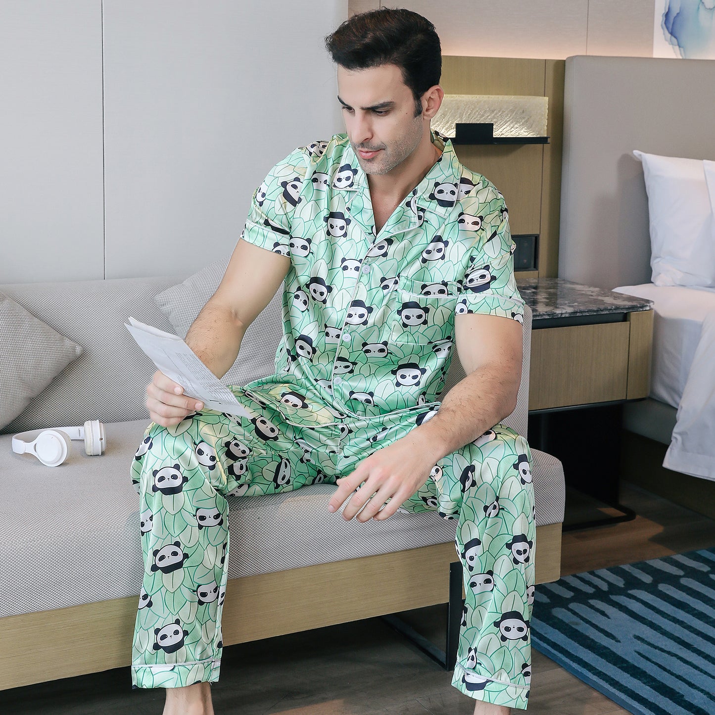 Men's Silky Satin Pajama Set Short Top Classic Sleepwear with Long Pants-KJ5014-M