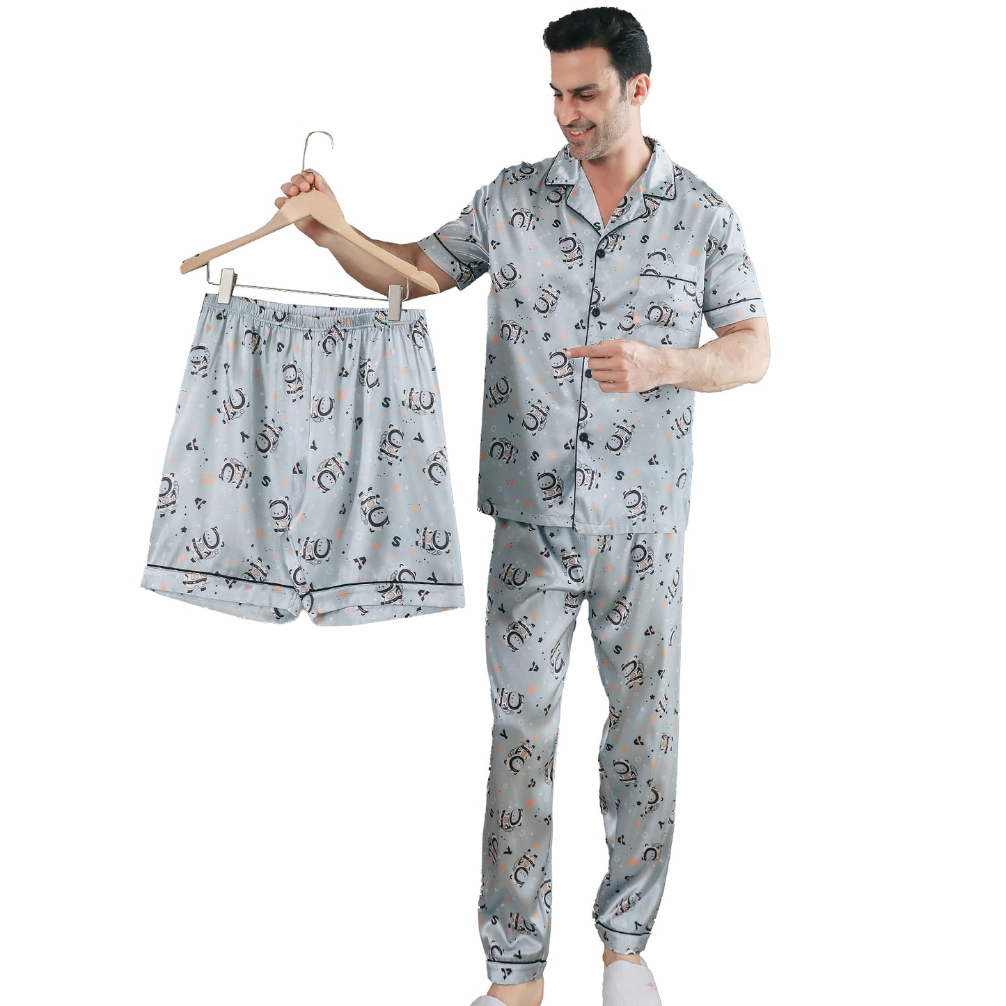 Men Satin Pajamas Set 3 Pieces multicolor Sleepwear with Pockets-KJ6032-M