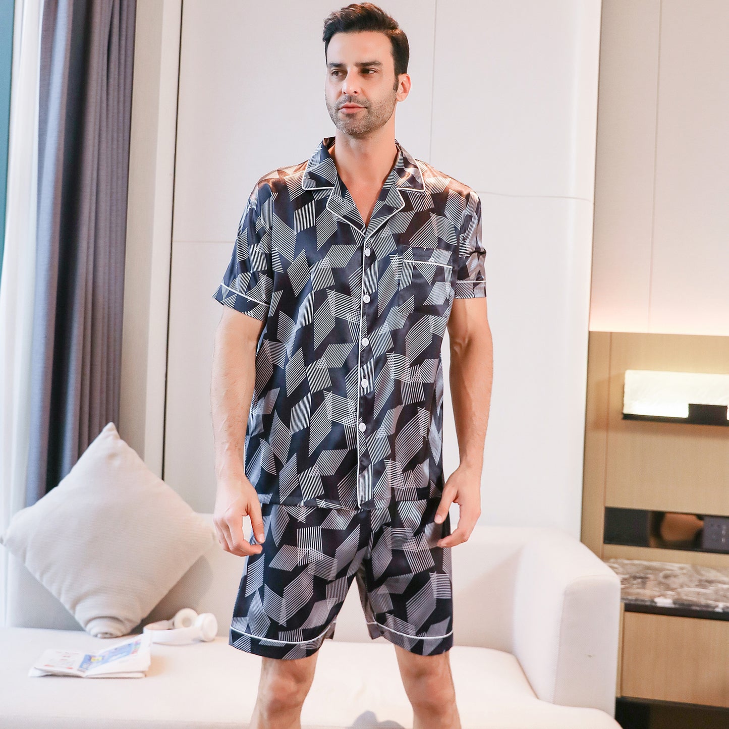 Mens Silky Pajamas Set Short Top & short pants Nightwear-KJ4002-M