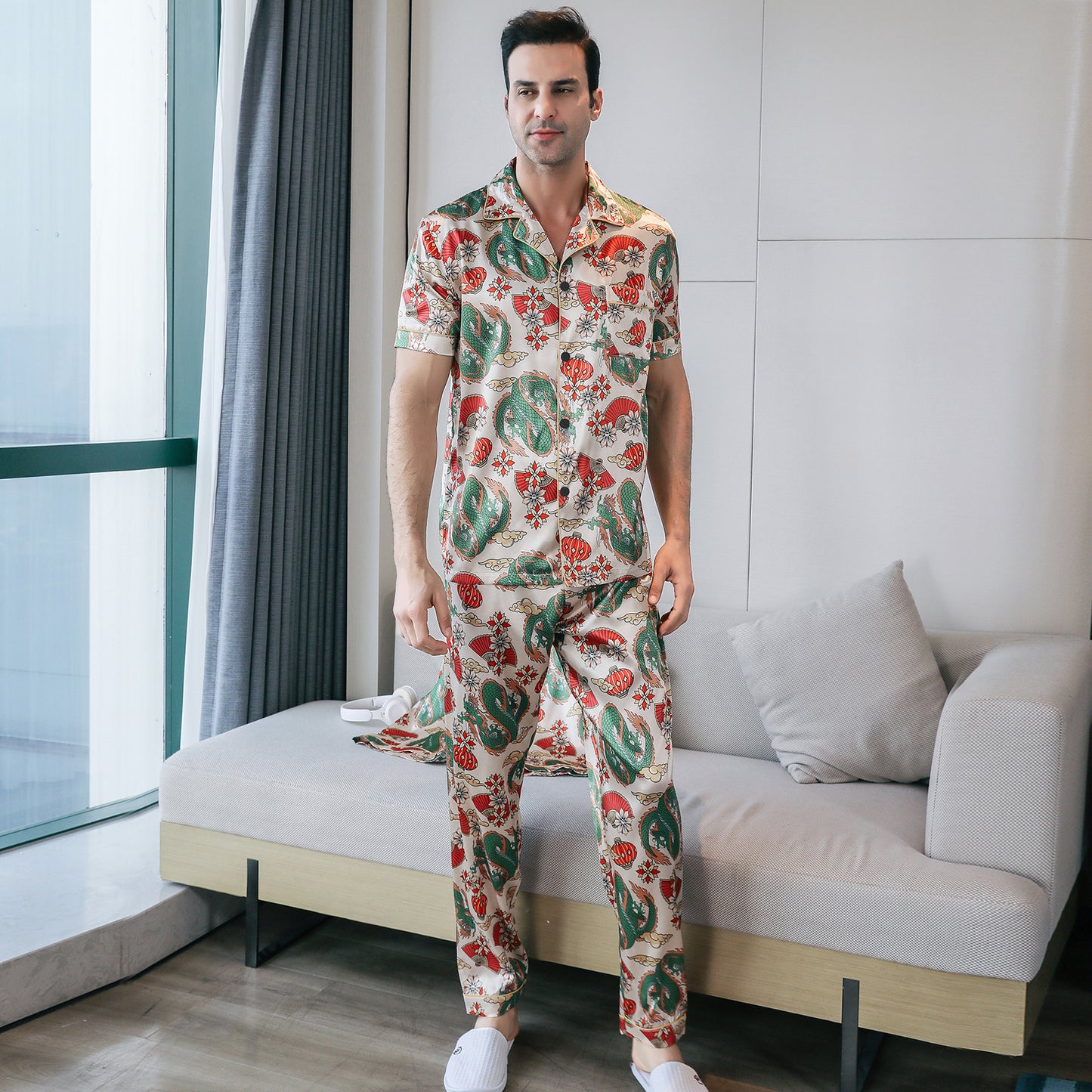 Mens Silky Pajamas Set Short Sleeve Top and Long pants Nightwear-KJ5010-M