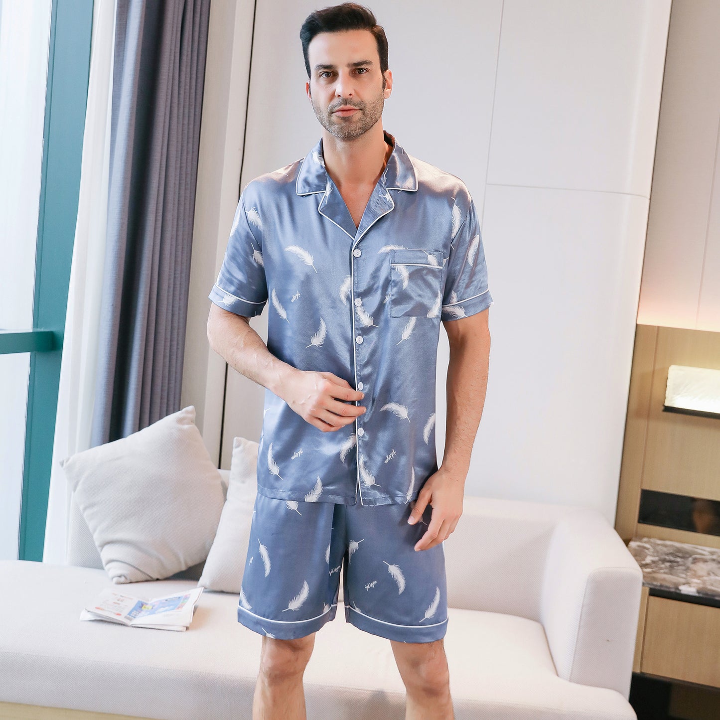 Mens Silky Pajamas Set 3 Pieces Nightwear-KJ6001-M