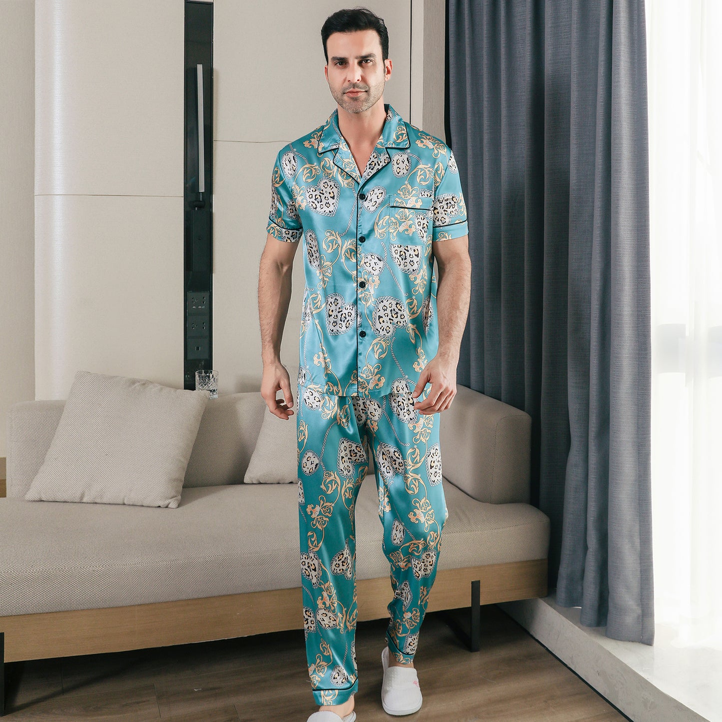 Men Satin Pajamas Set Short Sleeve & Long Pants Sleepwear with Pockets-KJ5044-M