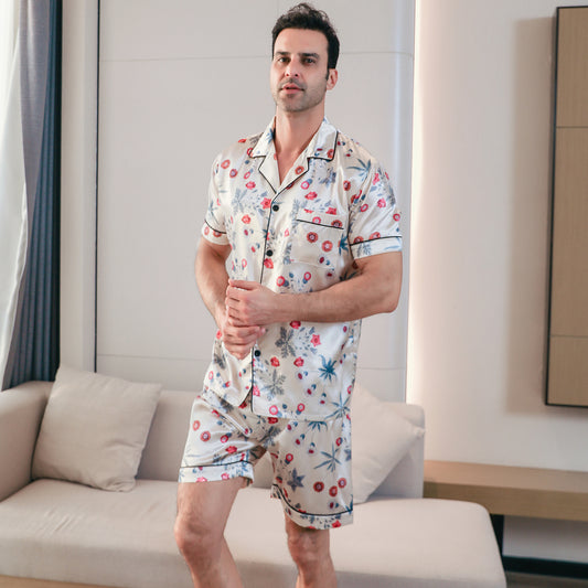Men's  Silk Pajama Set Short Top & short Pants  Loungewear-KJ4051-M