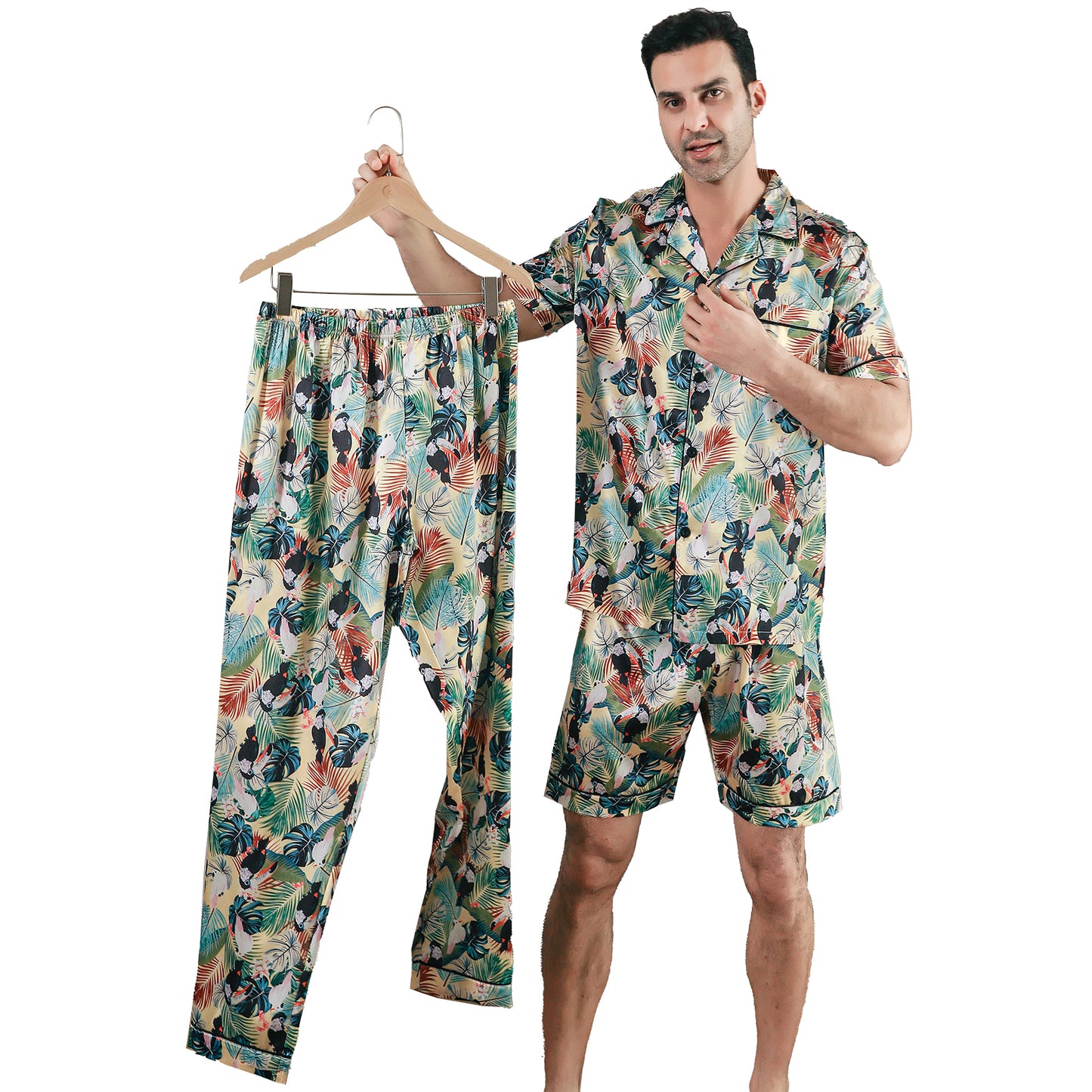 Men Satin Pajamas Set 3 Pieces multicolor Sleepwear with Pockets-KJ6040-M