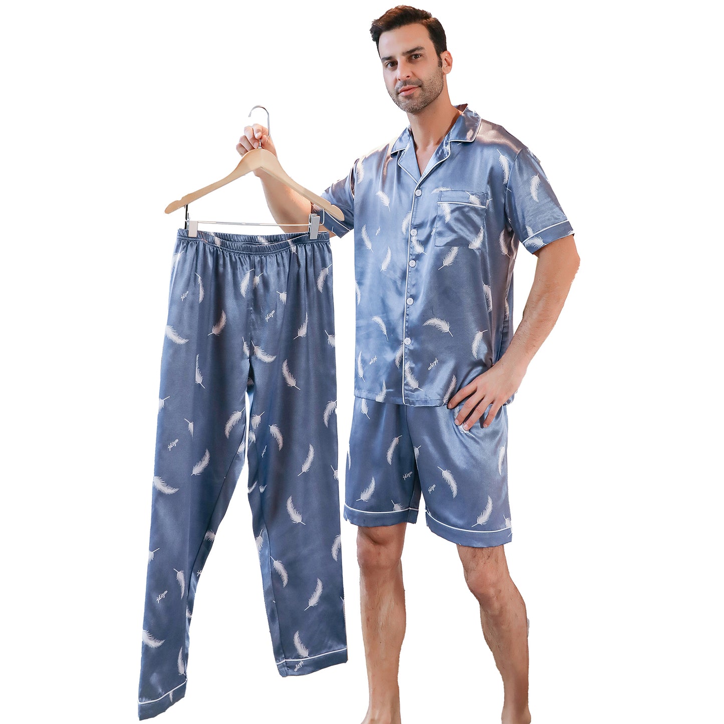 Mens Silky Pajamas Set 3 Pieces Nightwear-KJ6001-M