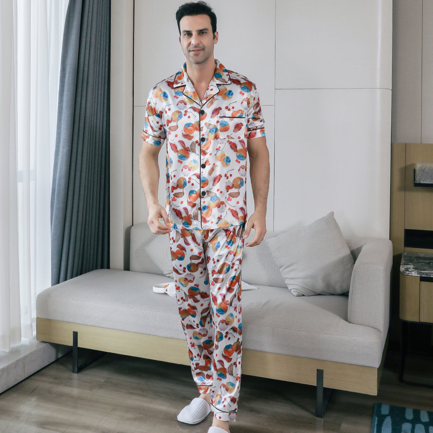 Men's Silky Satin Pajama Set Short Top Classic Sleepwear with Long Pants-KJ5018-M