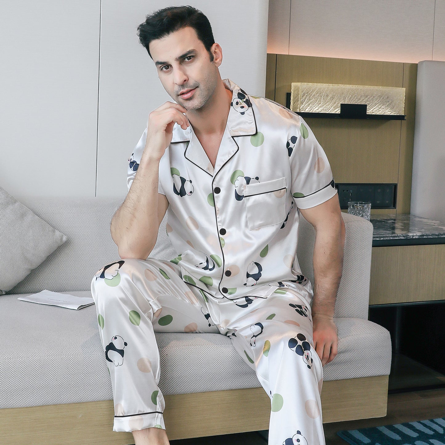 Men's Silky Satin Pajama Set Short Top Classic Sleepwear with Long Pants-KJ5011-M