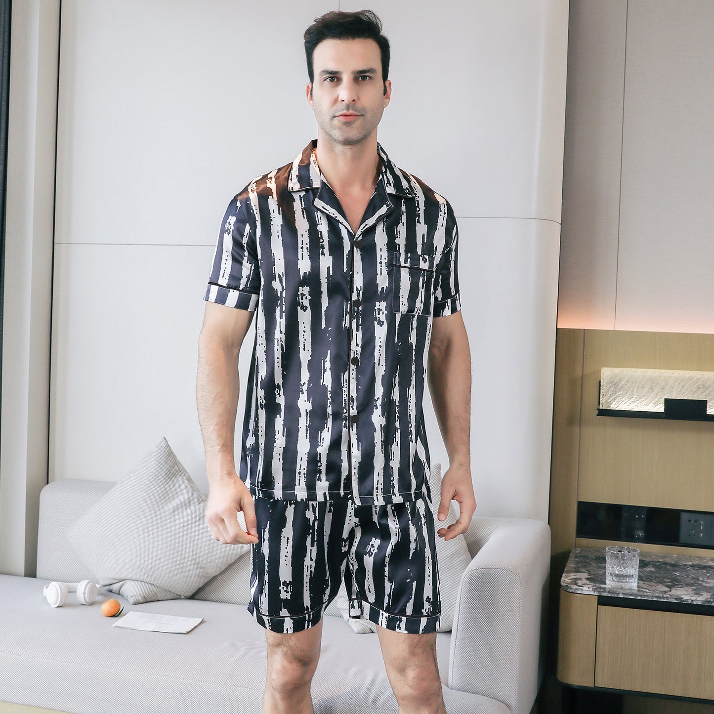 Mens Silky Pajamas Set Short Top & short pants Nightwear-KJ4009-M