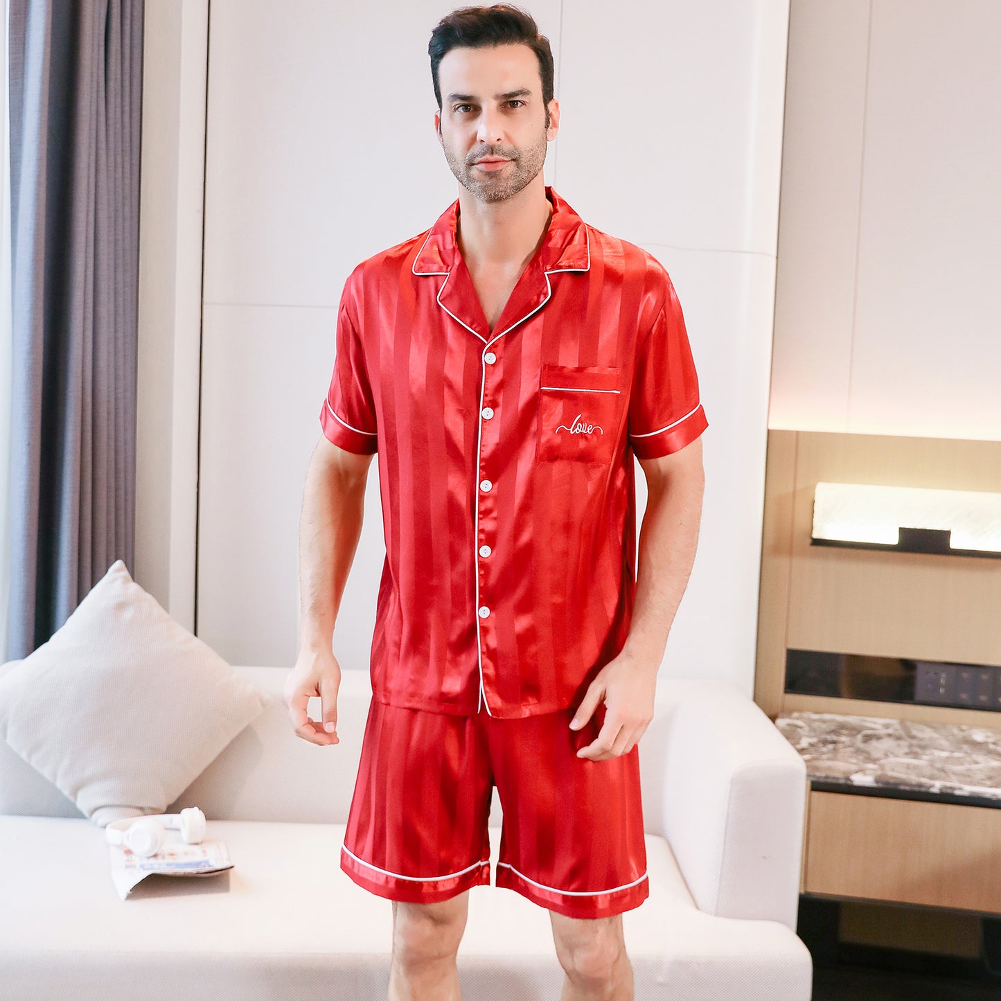 Mens Silky Pajamas Set Short Top & short pants Nightwear-KJ4005-M