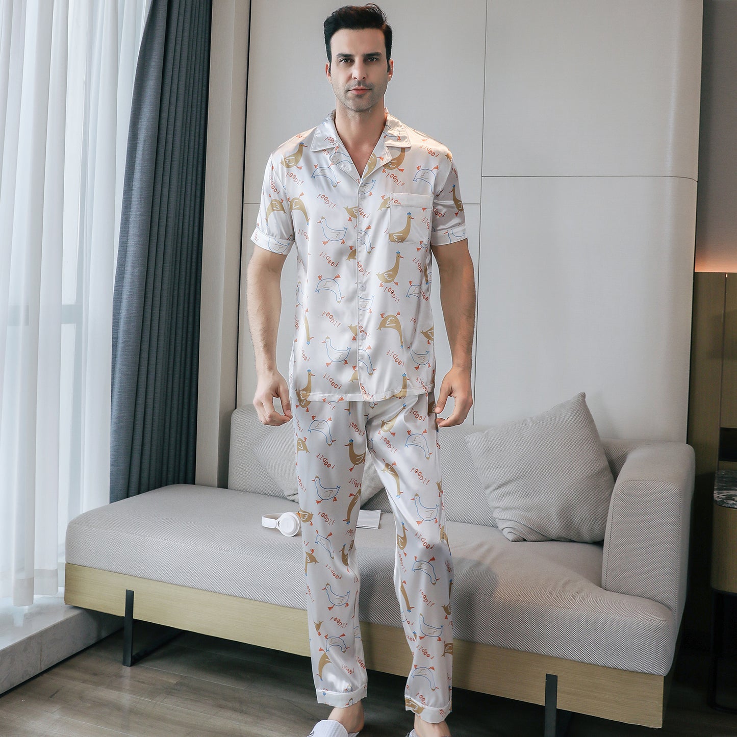 Men's Silky Satin Pajama Set Short Top Classic Sleepwear with Long Pants-KJ5016-M