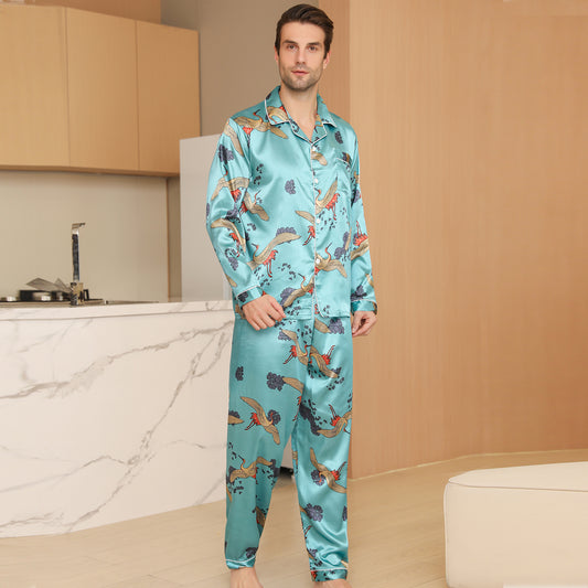 Men Satin Pajamas Set Long Sleeve & Long Pants Sleepwear with Pockets-KJ2035-M