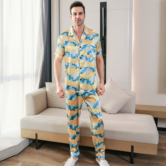 Men's Classic Silk Pajama Set Short Top & Long Pants Button Loungewear-KJ5047-M