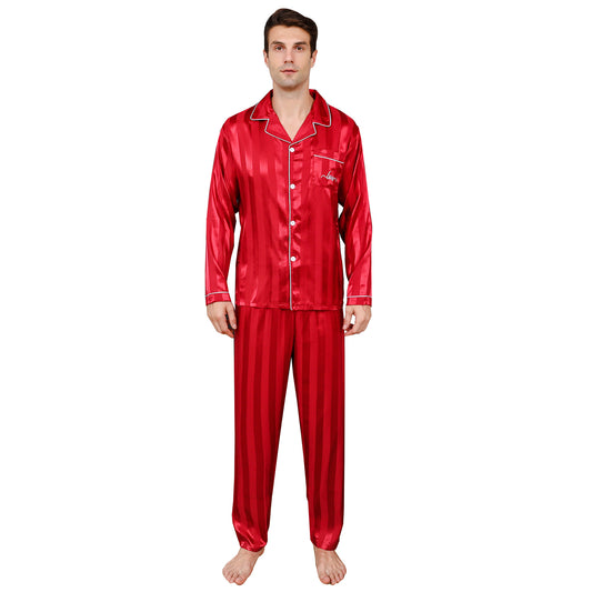 Men's Silky Satin Pajama Set Red Stripe Long Top Classic Sleepwear with Long Pants-KJ2011-M