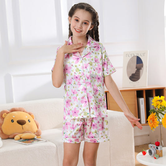 Girl's  Satin Pajama Set Short Top Classic Sleepwear with Short pants-KJ407T-130