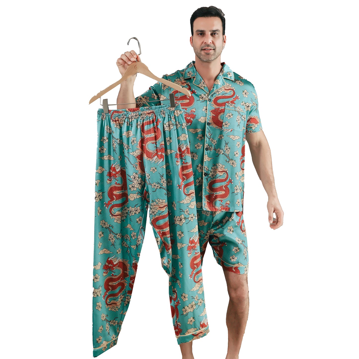 Men Satin Pajamas Set 3 Pieces multicolor Sleepwear with Pockets-KJ6037-M