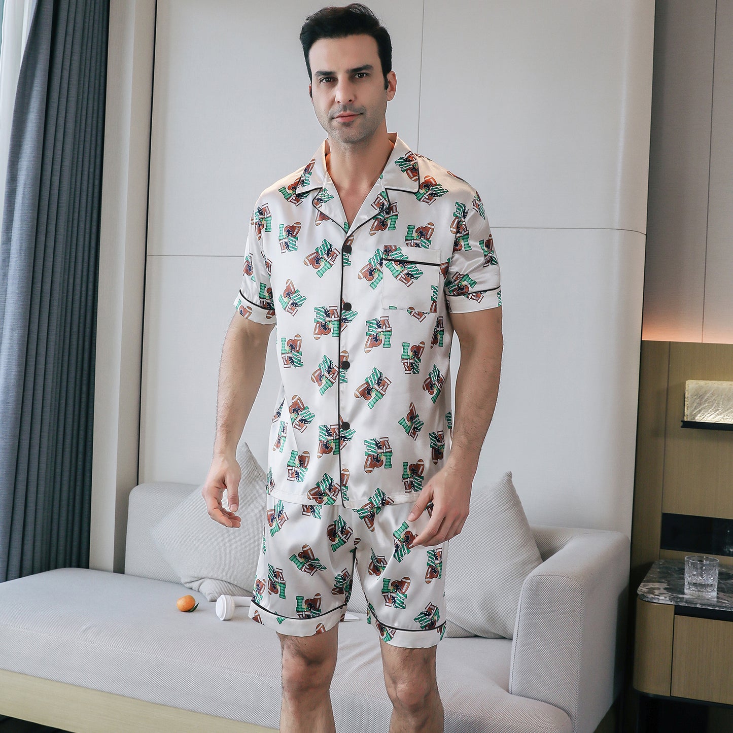 Mens Silky Pajamas Set Short Top & short pants Nightwear-KJ4008-M