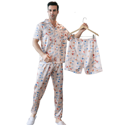 Men's Satin Pajama Set 3 Pieces Classic Sleepwear-KJ6013-M