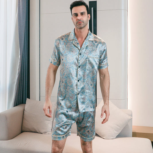 Men's  Silk Pajama Set Short Top & short Pants  Loungewear-KJ4054-M