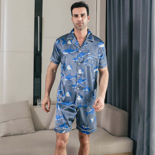 Men Satin Pajamas Set Short Sleeve & short Pants Sleepwear with Pockets-KJ4041-M