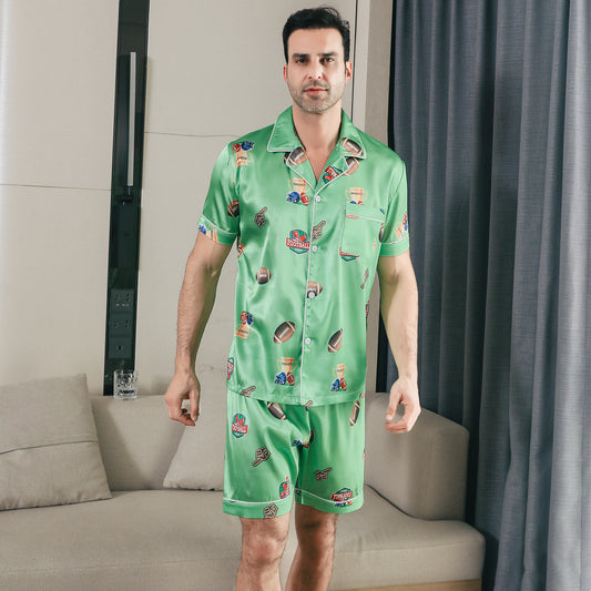 Men Satin Pajamas Set Short Sleeve & short Pants Sleepwear with Pockets-KJ4042-M