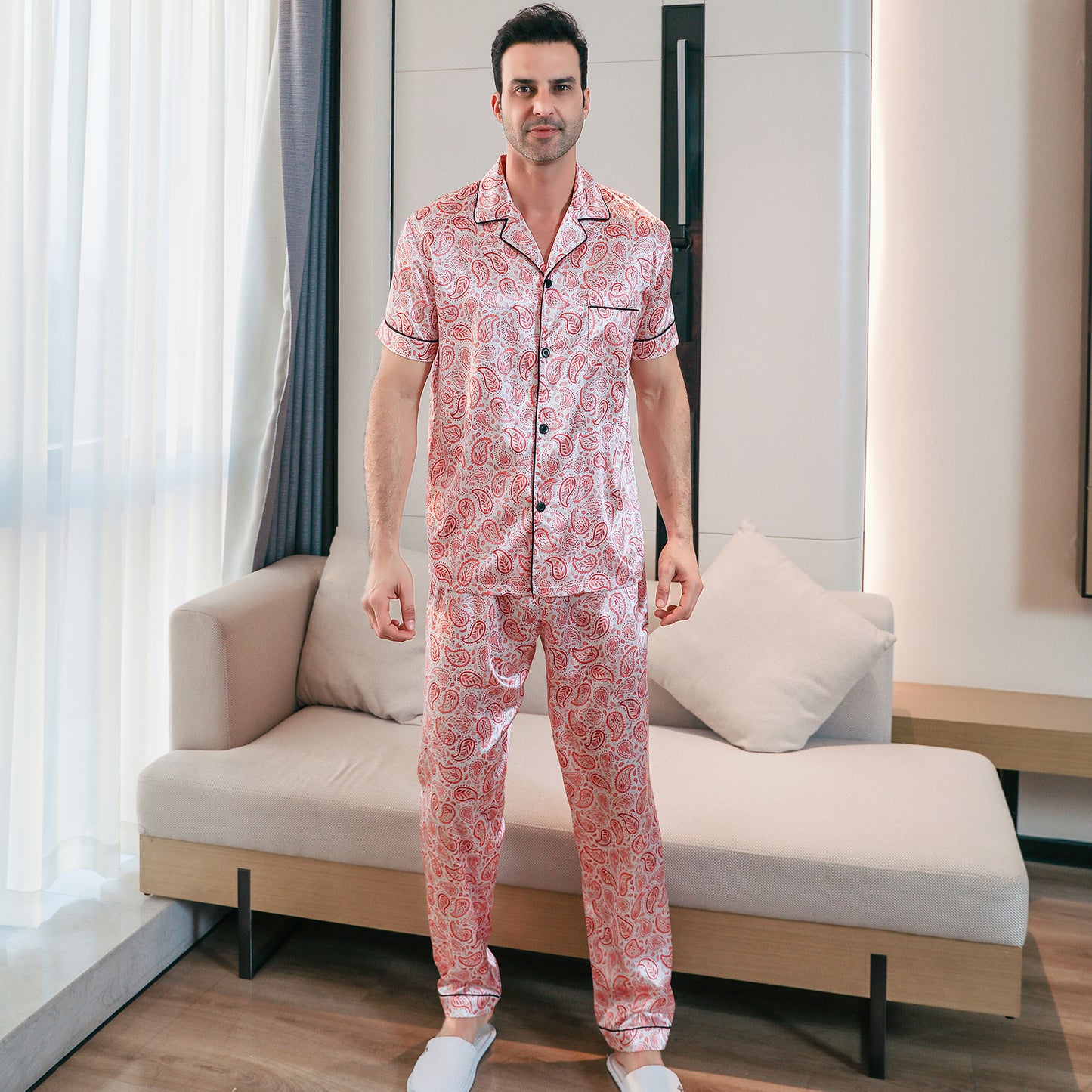 Men's Classic Silk Pajama Set Short Top & Long Pants Button Loungewear-KJ5053-M