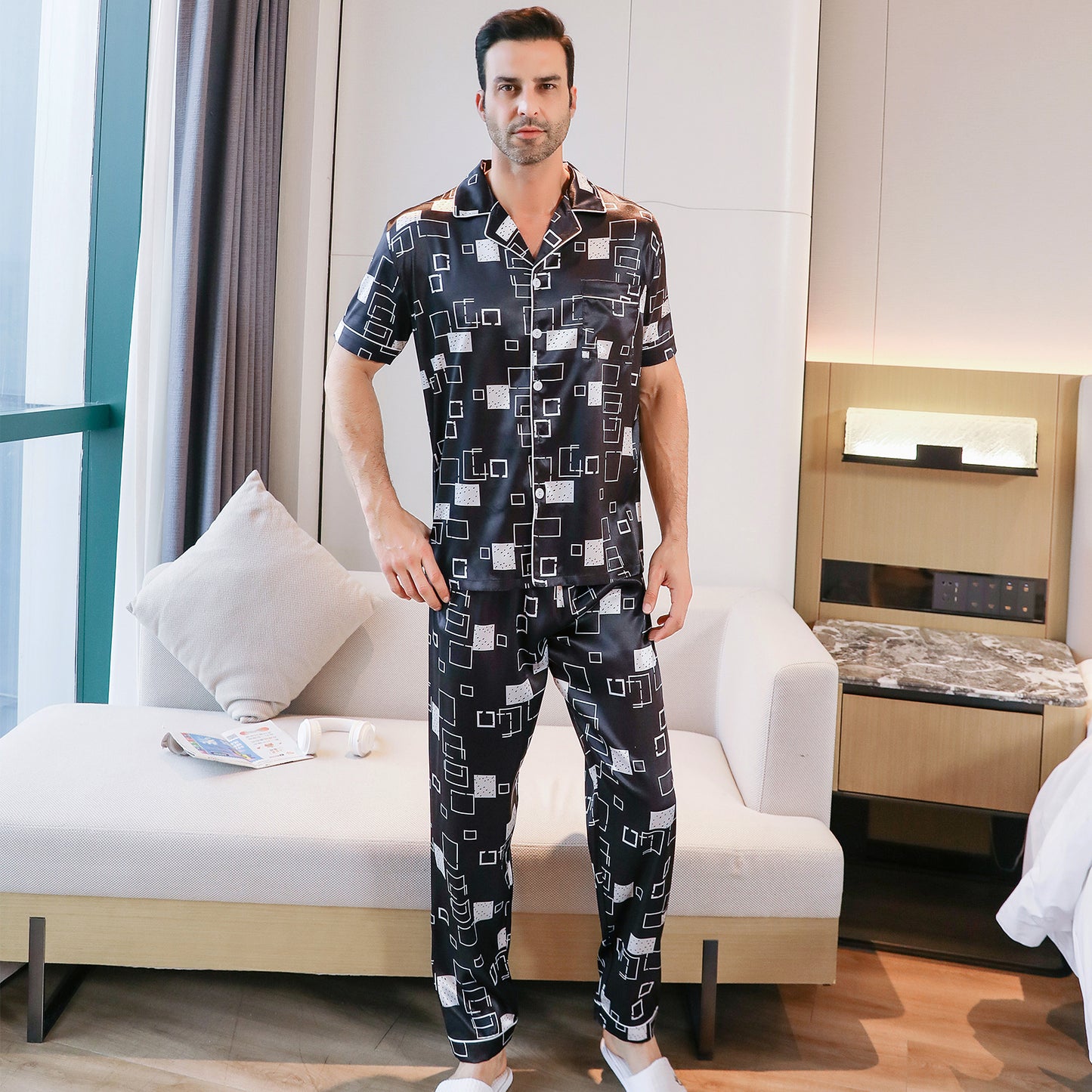 Mens Silky Pajamas Set 3 Pieces Nightwear-KJ6003-M