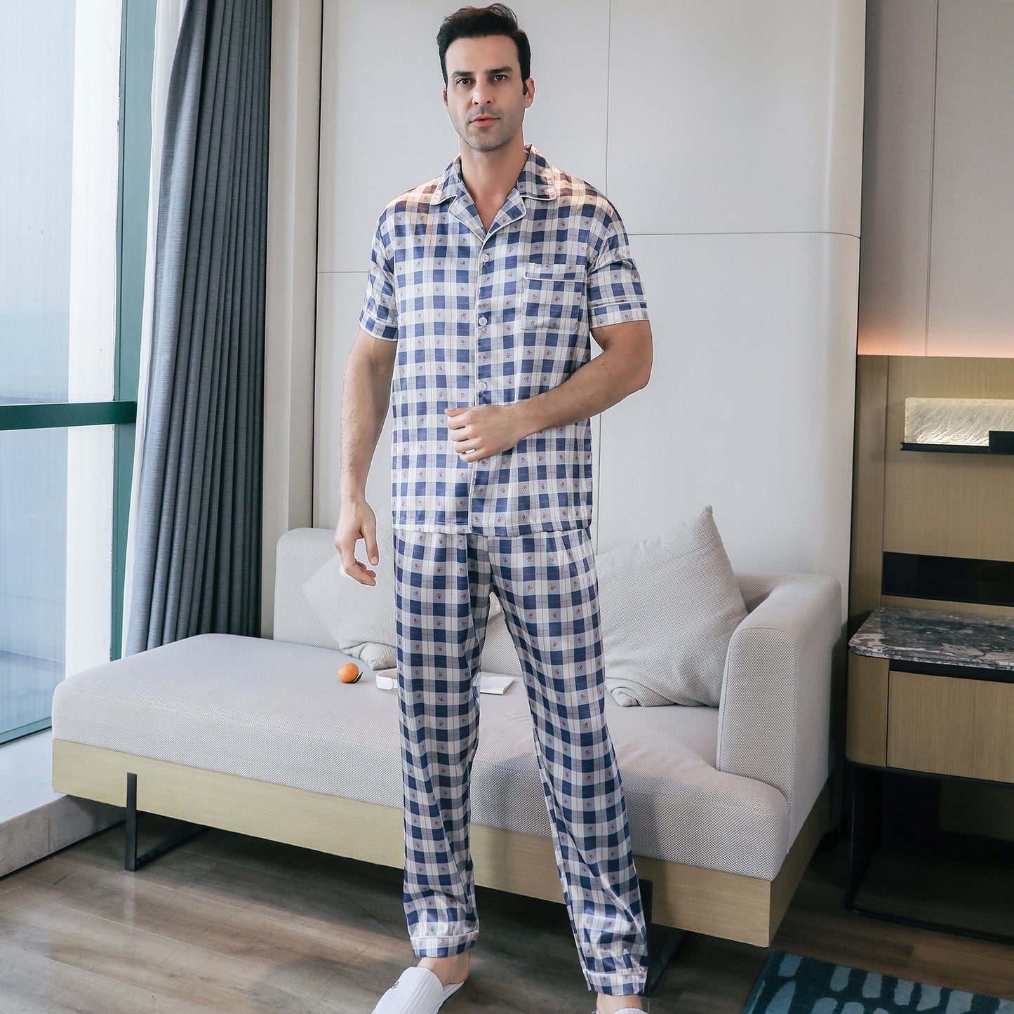 Mens Silky Pajamas Set Short Sleeve Top and Long pants Nightwear-KJ5007-M