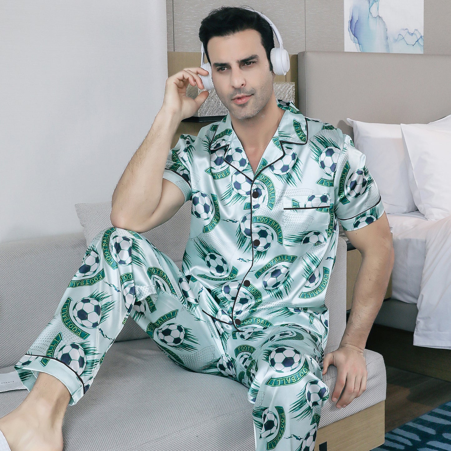 Mens Pajama Set Short Sleeve Sleepwear Silky Loungewear with Long Pants-KJ5021-M