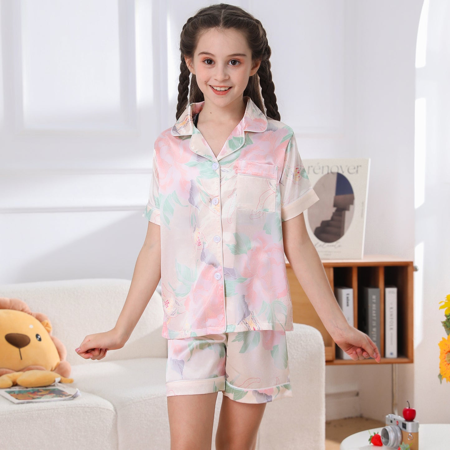 Girl's  Satin Pajama Set Short Top Classic Sleepwear with Short pants-KJ408T-130