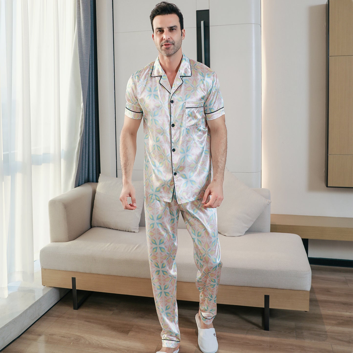 Men's Classic Silk Pajama Set Short Top & Long Pants Button Loungewear-KJ5050-M