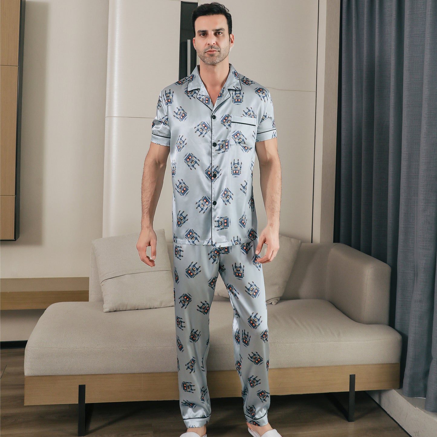 Men Satin Pajamas Set 3 Pieces multicolor Sleepwear with Pockets-KJ6036-M